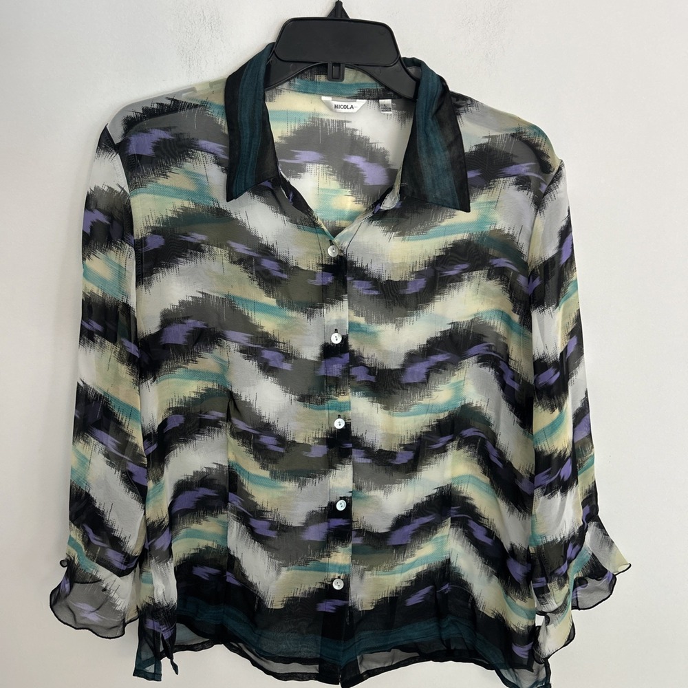Nicola Women's L Semi Sheer Zigzag Print Ruffle Sleeves Mother Of Pearl Blouse